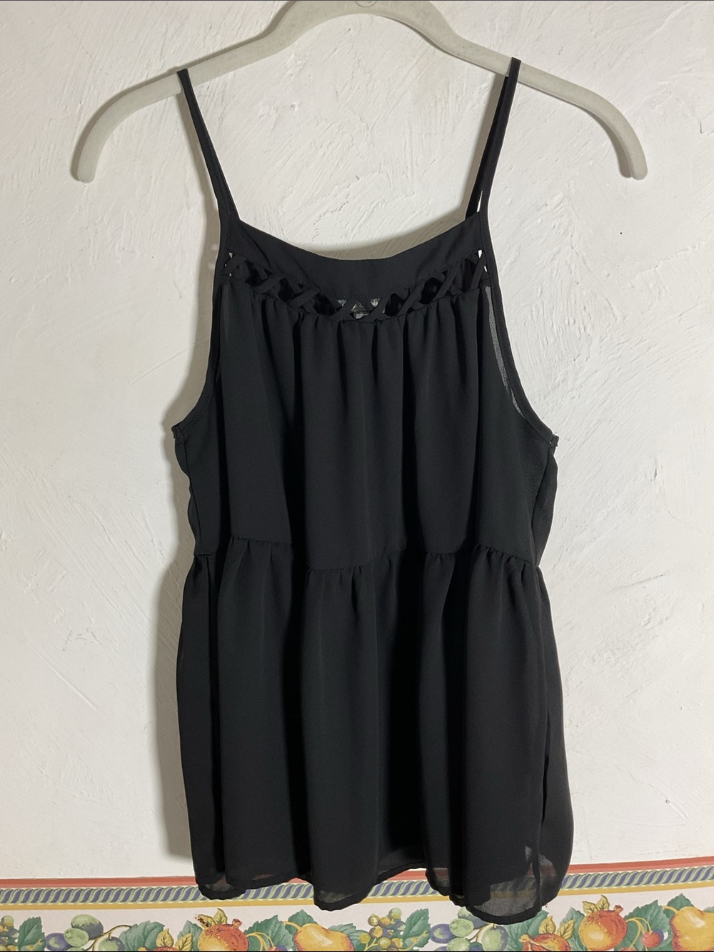 Lily Rose Black Lattice Neck Tiered Babydoll Tank Top Size S